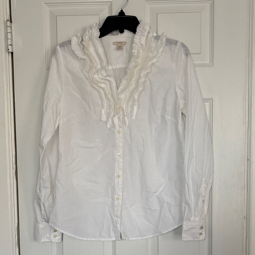 J.Crew White Ruffled Button-Up Blouse
